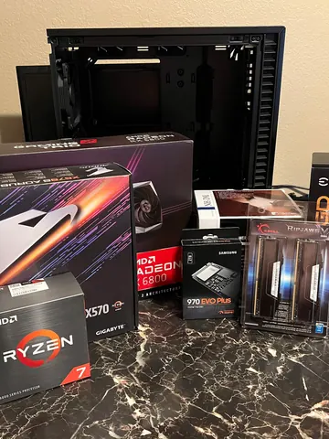 The parts: AMD Ryzen 7 processor, AORUS X570 Elite motherboard, MSI Radeon RX 6800 graphics card, Samsung SSD, G.Skill memory and EVGA power supply